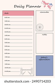 Day planner template with a British theme. The template has sections for scheduling, notes, reminders, and daily affirmations. Contains illustrations of UK landmarks.