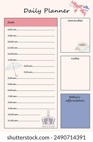 Day planner template with a British theme. The template has sections for scheduling, notes, and reminders. Contains illustrations of the main attributes of England