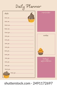Day planner template with cupcake illustration. Contains a section for schedules, notes and reminders.