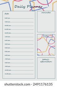 Day planner template with geometric patterns in bright colors. Contains sections for date, hourly schedule, reminders, notes and confirmation for the day. Ideal for organizing everyday tasks in style.