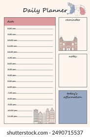 Day planner template for the Netherlands. Versatile design for scheduling, notes and reminders. The design contains illustrations of traditional Dutch houses.