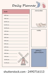 Day planner template for the Netherlands. Versatile design for scheduling, notes and reminders. The design contains illustrations of traditional Dutch landmarks.