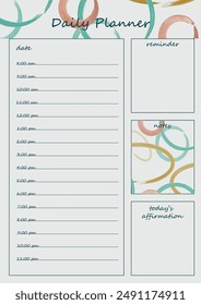 Day planner template with orange and green circular pattern. Contains sections for date, hourly schedule, reminders, notes and confirmation for the day. Ideal for organizing everyday tasks in style.