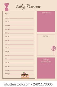 Day planner template with sweets illustration. Contains a section for schedules, notes and reminders.