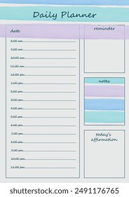 Day planner template with watercolor stripes in blue and purple. Contains sections for date, hourly schedule, reminders, notes and confirmation for the day.