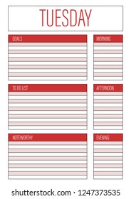 Day planner, Tuesday planner for diary, notebook. Printable A4 planner vector illustration.