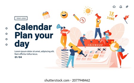 
Day Planning, Notification Of Work Organization And Life Events, Memo Reminder, Work Plan Template Landing Page. Time Management. Cartoon Vector Illustration With Characters Around A Large Calendar.