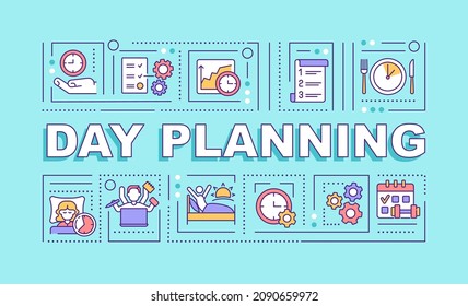 Day planning word concepts turquoise banner. Balanced lifestyle. Infographics with linear icons on background. Isolated typography. Vector outline color illustration with text. Arial-Black font used