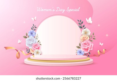 Women’s day podium design with rose flowers, ribbons, butterflies in wave pink background. Design template for valentines, mothers day, wedding, and women day concept.