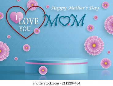 Mother’s day podium round stage with hearts and lovely objects on color background for greeting cards, banner, web, (translate : Happy Mother’s Day)