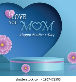 Mother’s day podium round stage for mom day with hearts and lovely objects on color background for greeting cards, banner, web, (translate : Happy Mother’s Day)