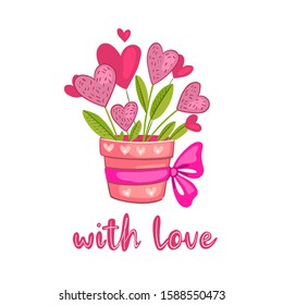 Valentine’s Day postcard with cute hand drawn pot with heart-shaped candies and lettering “With Love”. Romantic concept isolated on white. Design element for prints, invitations, t-shirts, presents