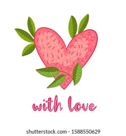 Valentine’s Day postcard with cute hand drawn heart with leaves and lettering “With Love”. Romantic concept isolated on white. Design element for prints, invitations, t-shirts, presents, etc.