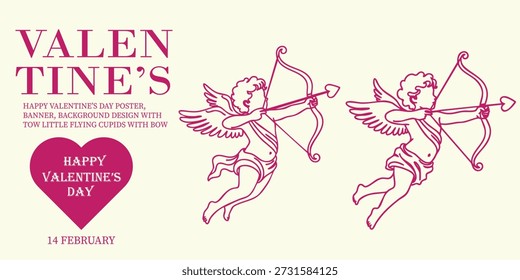 Cartaz do Dia dos Namorados e vetor de banner com cupidos voadores segurando arco e flecha. Elegante arte de linha, romântico vintage estilo com corações, perfeito para cartão de amor, convite, marca e design de férias.