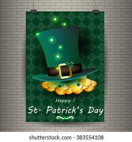 Day poster design template vector St. Patrick . Gold coins with shamrocks and a green leprechaun hat . Easy to edit elements . Format A4 .