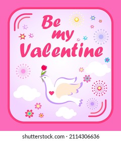 Valentine’s day poster with flying dove with tulip. Concept for flyers, wedding invitation, social media greeting, banners