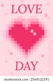 Valentine’s Day poster with a pixelated red heart on soft pink background. Bold LoveDay text adds a romantic vibe. February 14th. Cute love sale flyer template, label, ad, copy space, cover, banner.