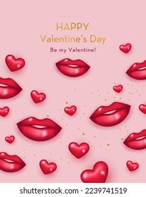 Valentine’s Day Poster with red Lips and hearts. Vector illustration in minimal 3D style