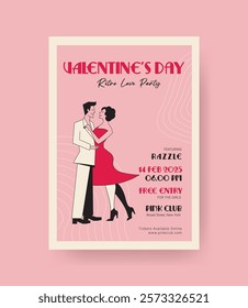 Valentine’s Day poster in retro 60-70 style features a romantic couple dancing, symbolizing love and happiness. With soft pink tones, it highlights February 14, romance, and togetherness.