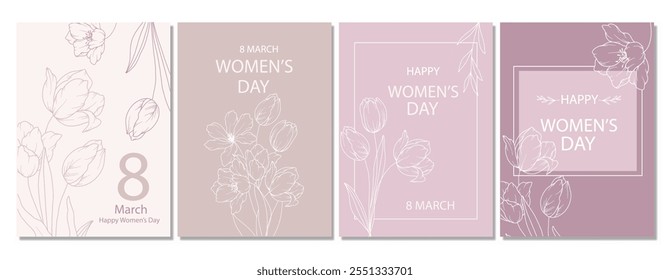 Women’s Day Poster. Set of Floral Posters for 9 March. Flower design Women’s Day Greeting Cards. Women Day background Templates with Floral Line Art. 
