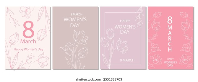 Women’s Day Poster. Set of Floral Posters for 9 March. Flower design Women’s Day Greeting Cards. Women Day background Templates with Floral Line Art. 
