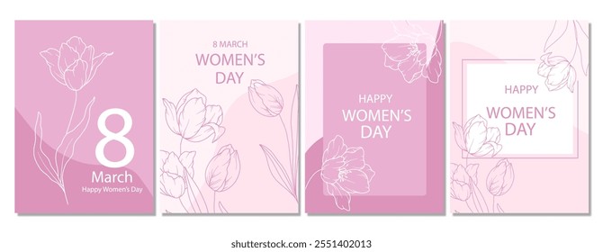 Cartaz do Dia da Mulher. Conjunto de Pôsteres Florais para 8 de março. Flower design Dia da Mulher cartões de saudação. Modelos de fundo do Dia das Mulheres com Floral Line Art. 
