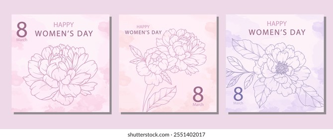 Cartaz do Dia da Mulher. Conjunto de Pôsteres Florais para 8 de março. Flower design Dia da Mulher cartões de saudação. Modelos de fundo do Dia das Mulheres com Floral Line Art. 
