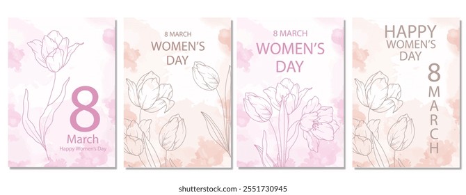 Women’s Day Poster. Set of Floral Posters for 8 March. Flower design Women’s Day Greeting Cards. Women Day background Templates with Floral Line Art. 
