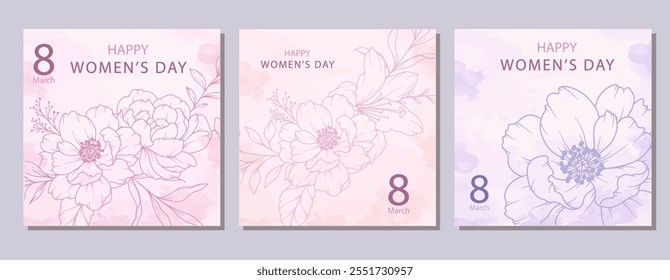 Women’s Day Poster. Set of Floral Posters for 8 March. Flower design Women’s Day Greeting Cards. Women Day background Templates with Floral Line Art. 
