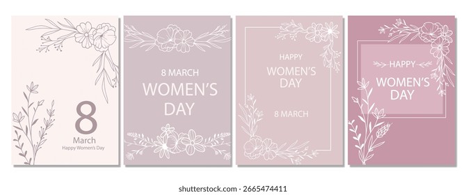 Afiche del Día de la Mujer. Conjunto de carteles florales para el 8 de marzo. Tarjetas de felicitación del Día de la Mujer. Plantillas de fondo del día de las mujeres con el arte floral de la línea. 