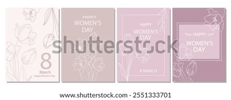 Women’s Day Poster. Set of Floral Posters for 9 March. Flower design Women’s Day Greeting Cards. Women Day background Templates with Floral Line Art. 
