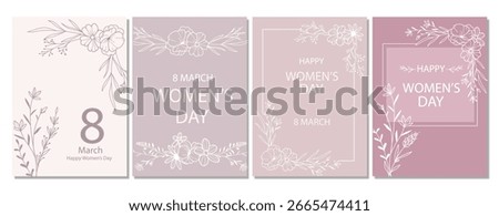 Women’s Day Poster. Set of Floral Posters for 8 March. Flower design Women’s Day Greeting Cards. Women Day background Templates with Floral Line Art. 