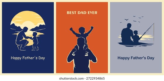 Vatertagsplakat mit berührenden Papa- und Kindersilhouetten. Minimale, flache Vektorgrafiken, die Familienliebe, Bindungsmomente, Angeln und Feierlichkeiten für Grußkarten und Ausdrucke zeigen.