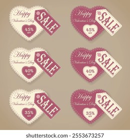 Valentine’s Day Promotion Banner with Lace Heart Design, Button-Attached Price Tag, and Discount Options of 35%, 40%, 45% in a Craft Paper Cutout Style, Perfect for Promotions and Packaging