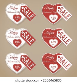 Valentine’s Day Promotion Banner with Lace Heart Design, Button-Attached Price Tag, and Discount Options of 35%, 40%, 45% in a Craft Paper Cutout Style