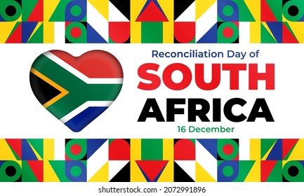 El Día de la Reconciliación es feriado público en Sudáfrica. 16 de diciembre. La intención es celebrar el fin del apartheid y fomentar la reconciliación entre los diferentes grupos raciales. Vector.