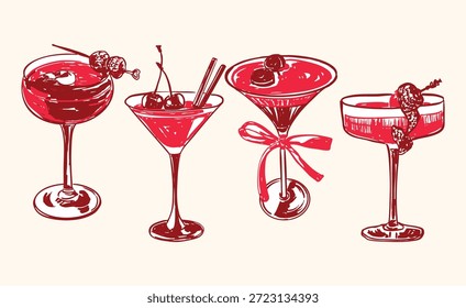Conjunto de cócteles rojos de San Valentín con bebidas románticas en elegantes vasos. Perfecto para celebraciones de amor, noches de cita, fiestas, menús de bar, eventos festivos y presentaciones de bebidas navideñas con estilo.