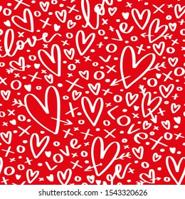 Valentine’s day red white seamless pattern with hearts and arrows. Xo and love word hand lettering design for wrapping paper, card background. 