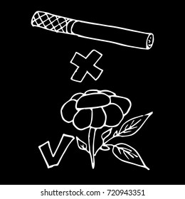 day of refusal of Smoking. cigarette and flower vector illustration. Day of refusal of tobacco. Cigarette and chamomile. Cartoon pictures against Smoking. Illustration on black background.