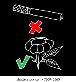 day of refusal of Smoking. cigarette and flower vector illustration. Day of refusal of tobacco. Cigarette and chamomile. Cartoon pictures against Smoking. Illustration on black background.