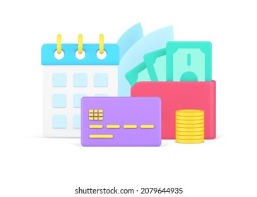 Day Of Regular Monthly Payment With Schedule Debit Card And Money Cash Wallet 3d Vector Illustration. Concept Of Financial Commitment Credit Or Mortgage Internet Reminder Isolated. Salary Received