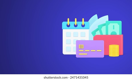 Day of regular monthly payment with schedule debit card and money cash wallet 3d vector illustration. Concept of financial commitment credit or mortgage internet reminder isolated. Salary received