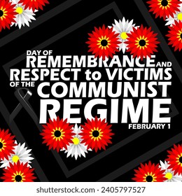 Day of Remembrance and Respect to Victims of the Communist Regime event banner. Bold text with black ribbon and flowers on black background to commemorate on February 1 in Bulgaria