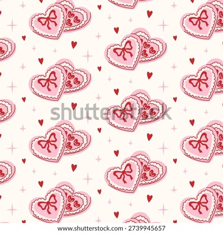 Valentine’s Day repeating pattern with cute candy, chocolate, hearts, and romantic symbols. Seamless vector background for printing, fabric, packaging.