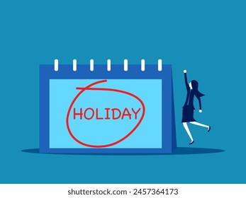day to rest and recharge. Businesswoman jumping with joy to celebrate holiday with calendar 