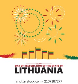 Día de Restauración de la ilustración vectorial del Estado de Lituania con bandera nacional y fuegos artificiales. Tarjeta de felicitación del día nacional de Lituania. Adecuado para publicaciones en medios sociales.