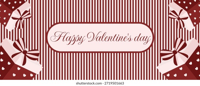 Anuncio Horizontal retro del día de San Valentín en colores rojos y rosados con la ilustración de los arcos y de los corazones de las cajas de regalo