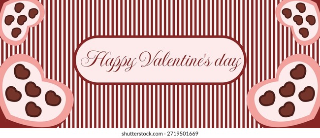 Anuncio Horizontal retro del día de San Valentín en colores rojos y rosados con la ilustración en forma de corazón de la caja del caramelo del chocolate