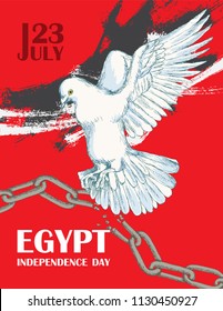 Day revolution in Egypt. July 23rd. National independence day in Africa.White dove over a broken chain. Hand drawn sketch style on red background. Vector illustration. a poster template for your