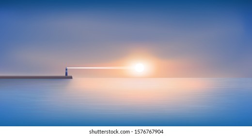 The day rises on a calm and relaxing maritime panorama, with a lighthouse on the horizon that guides the fishing vessels to the port.